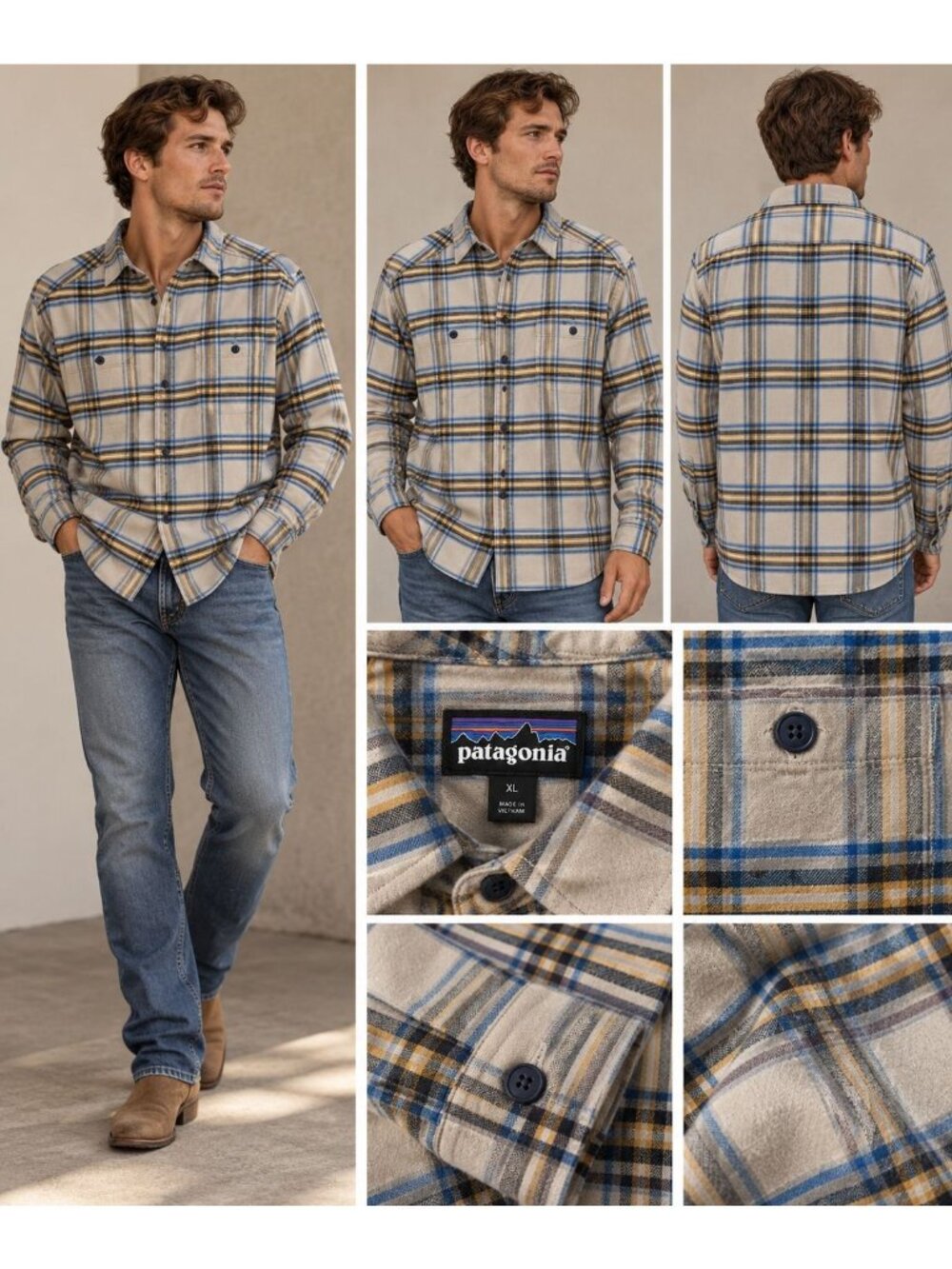 Patagonia Mens XL Beige Multicolor Plaid Button-Up Shirt 100% Polyester Outdoor